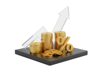 Golden coins stacked with upward arrow isolated on transparent background