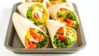A close-up shot of several delicious chicken wraps filled with fresh vegetables and cheese, arranged in a baking tray.