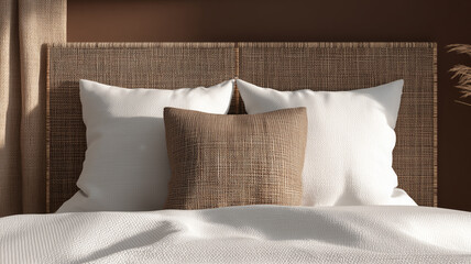 Cozy minimalist bed with pillows and rustic woven headboard.