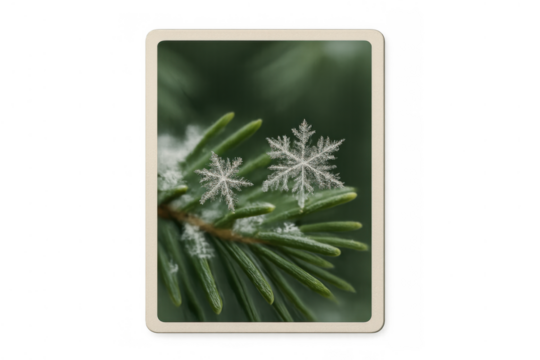 Two delicate snowflakes resting on green pine needles, a macro view of winter's intricate beauty and fragility