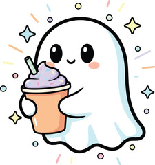 Cute Ghost Drinking Milkshake &ndash; Adorable Kawaii Cartoon Illustration