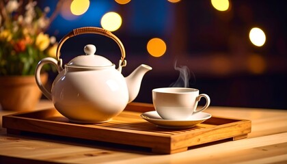 Fototapeta premium A cozy scene featuring a white teapot, cup, and saucer on a wooden tray.