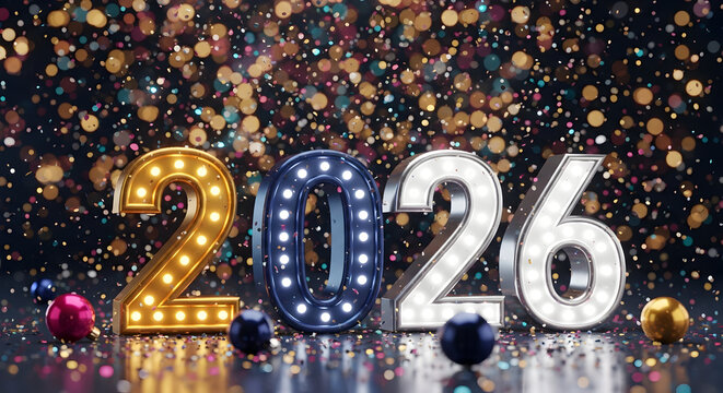 Merry Christmas Eve and Happy New Year 2026 festive countdown with bright marquee light bulb numbers and glittering gold bokeh confetti sparkling on a dark party night background for business greeting