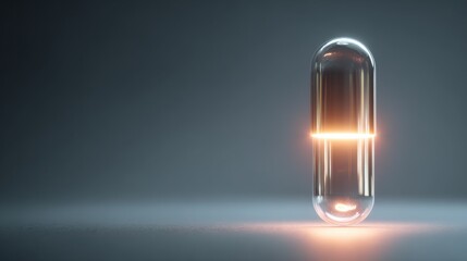 A captivating shot of a luminous capsule against a dark background, evoking a sense of scientific innovation. The capsule has a shiny, transparent appearance, and emits a vibrant, warm glow
