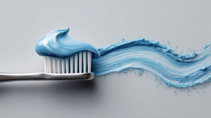 A close-up view of a toothbrush with toothpaste applied and a stripe of toothpaste
