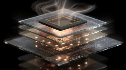 An innovative microchip design with layered architecture, glowing elements, and steam, showcasing modern technology.