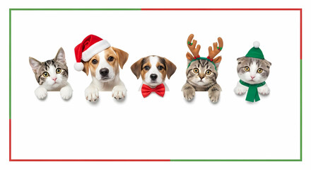 Fototapeta premium Adorable Christmas pets wearing festive hats and accessories, celebrating the holidays
