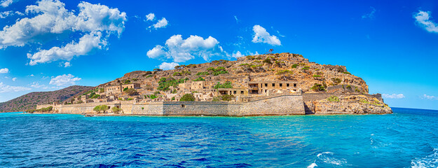 Greek Travel Concepts. Picturesque View of the Island of Spinalonga at the Gulf of Elounda in...