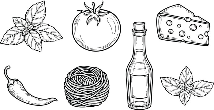 Mediterranean blue summer Italian food and drink set. la dolce vita. Outline Vintage aesthetics isolated minimal whimsical Hand sketch drawings on white background.