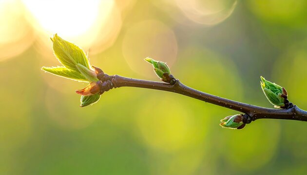 New Spring Buds on a Tree Branch Bathed in Golden Sunlight with Soft Bokeh Background