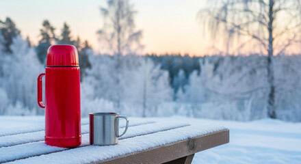 Red thermos on snow-covered picnic table with metal mug, winter outdoor warmth and leisure in frosty forest setting