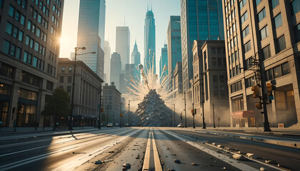 An intense explosion rips through a modern city street, sending debris and dust skyward between towering skyscrapers, capturing a moment of profound urban chaos and destruction.