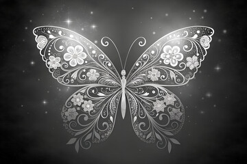 Naklejka premium Elegant black and white butterfly with intricate, glowing floral patterns. A magical, sparkling, ornate fantasy illustration on a dark, ethereal background. Generative Ai.