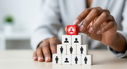 Naklejka premium African-American female hand arranging blocks with target and people icons, talent selection and recruitment in corporate environment