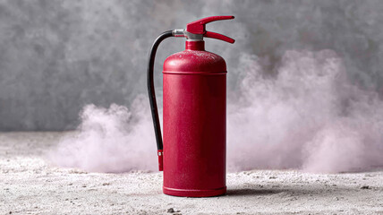 Obraz premium Red fire extinguisher with smoke on concrete, industrial safety