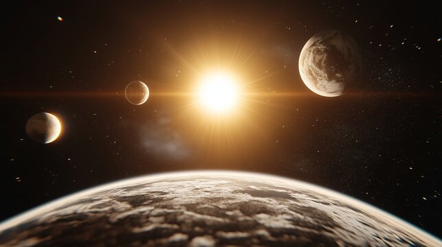 Stunning planetary alignment with bright sun and moons in space