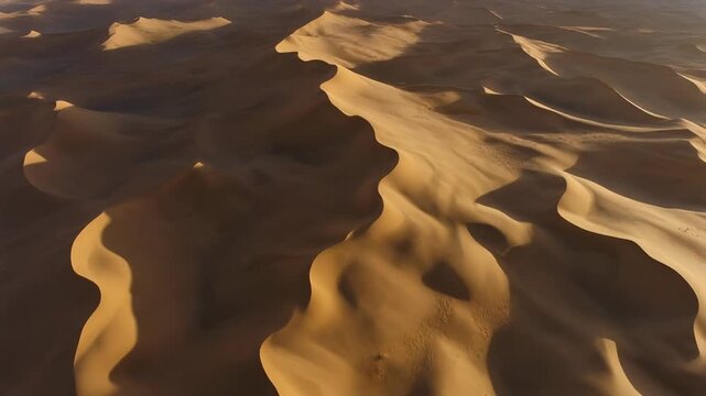 Cinematic Aerial View of Golden Desert Dunes with Soft Sunlight and Shadow Patterns