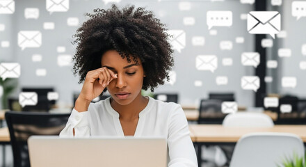 Woman overwhelmed with emails, stressed office worker rubbing eyes while sitting at desk with laptop in modern workplace, burnout and digital overload