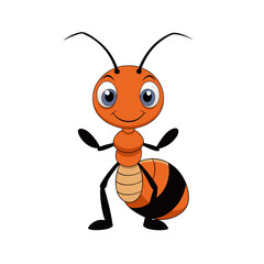 A friendly cartoon ant with big blue eyes and black stripes on its abdomen isolated on white background silhouette