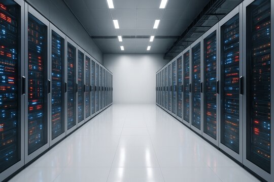 Futuristic data center interior with symmetrical rows of server racks, glowing LED lights, and clean high-tech atmosphere in perspective view. Ai generative