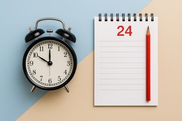 Classic alarm clock and red pencil on blank calendar with number 24 on pastel color background, symbolizing planning and time management concept. Ai generative