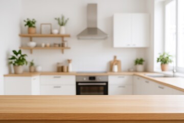 Fototapeta premium Wooden kitchen countertop with blurred modern white kitchen interior and green plants in background, minimal home cooking space concept. Ai generative
