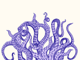 Octopus or Kraken tentacles background. Engraved hand drawn in old sketch, vintage sea monster creature. Nautical or marine. Animal in the ocean. Template for logos, labels and emblems.