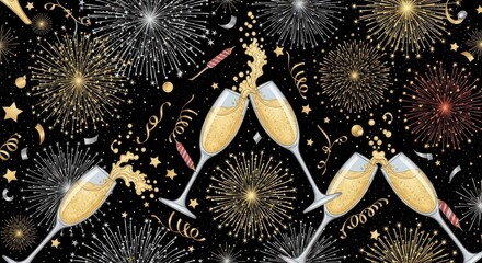 Festive illustration of champagne glasses clinking, fireworks bursting against a black backdrop with confetti