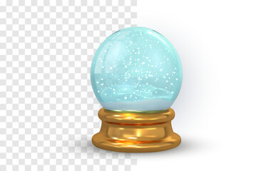 Snow Globe Winter Decoration With Shiny Glass, Falling Snow Particles And Golden Base On Transparent Background For Holiday Designs, Vector Illustration
