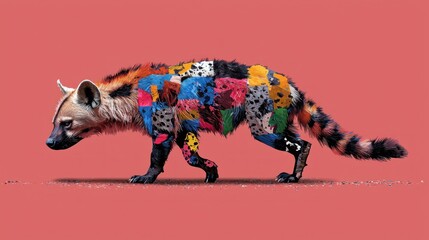 A digitally manipulated image of a hyena composed of colorful patchwork, set against a solid red backdrop
