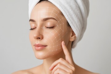 Woman with digital facial grid and towel on head touching skin gently on gray background. Concept of skincare, beauty tech and facial analysis. Ai generative
