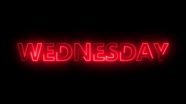 Bright neon lines wednesday text red color animation.  7 days a week name wednesday 4k video. 