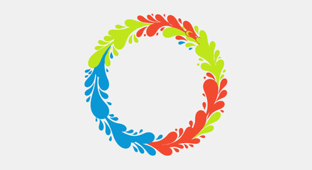 Fototapeta premium Colorful Water Droplets Forming a Circular Frame on a White Background for Design Elements