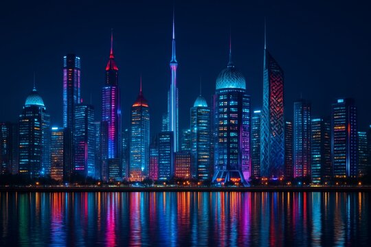 Futuristic neon-lit city skyline with colorful reflections at night on water, showcasing modern architecture and urban background concept. Ai generative