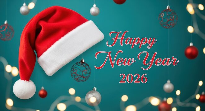 A festive greeting for the new year. Santa hat and ornaments against a teal backdrop with "Happy New Year 2026" written