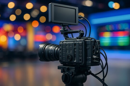 Professional digital cinema camera setup with monitor on tripod in colorful studio with vibrant blurred background. Ai generative. Ai generative
