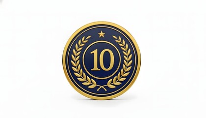 Naklejka premium Prestigious 3D gold and navy blue medallion with the number ten and a laurel wreath, representing a 10th anniversary, decade milestone, or top 10 achievement award