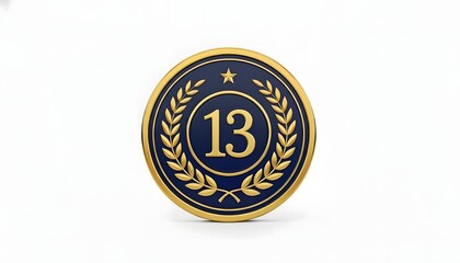 Naklejka premium Prestigious 3D gold and navy blue medallion displaying the number thirteen within a laurel wreath, perfect for signifying a particular rank or recognition in a competition