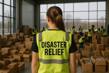 Woman in high-visibility vest labeled "Disaster Relief" overseeing volunteers packing boxes in warehouse with large windows and natural light background. Ai generative