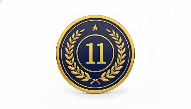 Elegant 3D gold and navy blue medallion featuring the number eleven and a laurel wreath, ideal for acknowledging an 11th year of service or high organizational rank