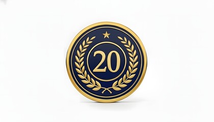 Naklejka premium Prestigious 3D gold and navy blue medallion with the number twenty and a laurel wreath, representing a 20th anniversary, long service award, or significant corporate milestone