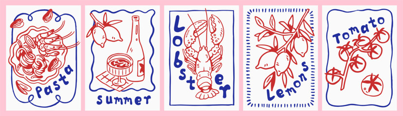 Dolce Vita posters set. Doodle-style sea food, lemon, tomato and pasta, kitchen and Mediterranean cuisine card designs. Italian sketches with limoncello, lobster, seafood. Drawn vector illustrations