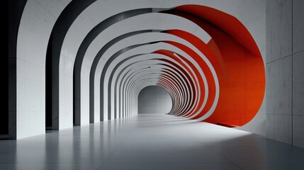 An arched concrete tunnel with a striking orange accent, creating a sense of depth and perspective