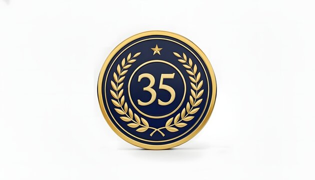 Prestigious 3D gold and navy blue medallion displaying the number thirty-five within a laurel wreath, ideal for acknowledging a 35th year of service or company milestone
