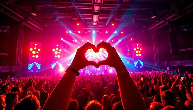 Hands forming a heart gesture amidst a vibrant concert crowd, illuminated by dazzling stage lights and an electric atmosphere,  joy,  beat