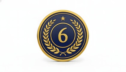 Elegant 3D gold and navy blue medallion featuring the number six and a laurel wreath, ideal for acknowledging a sixth-place rank or a long-service award