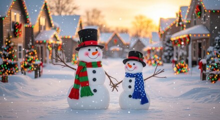 Two snowmen, one large & one small, stand in a snow-covered street in front of decorated houses with Christmas lights