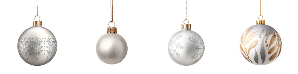 Silver Christmas Ornaments: Decorative Baubles on White Background