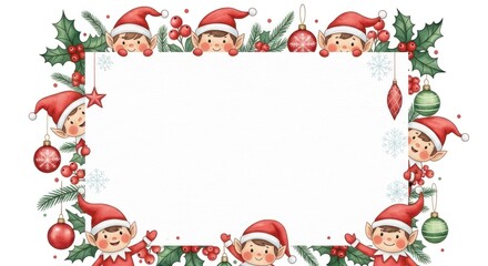 A festive frame of elves, holly, ornaments, and snowflakes encloses a white rectangle, perfect for holiday greetings