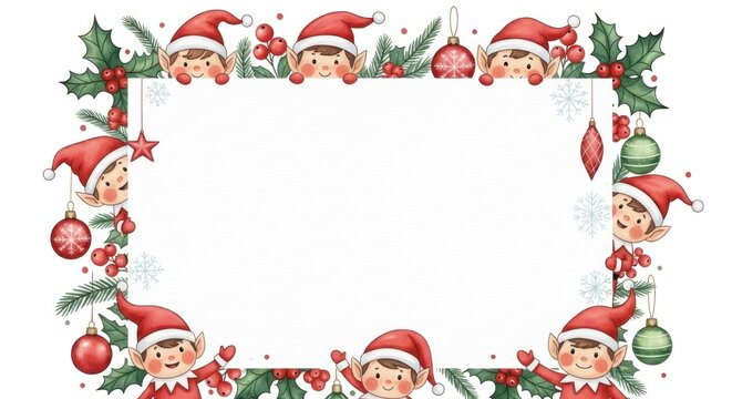 A festive frame of elves, holly, ornaments, and snowflakes encloses a white rectangle, perfect for holiday greetings - Powered by Adobe
